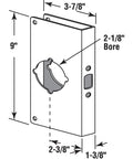 Diagram of a stainless steel door reinforcement plate for 1-3/8 inch doors with dimensions, showing durable latch-area protection.