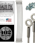 Stainless Steel Cabinet Door Restraint Kit. Made in USA. Flexible Braided Cable with screws and eyelets for door swing limit.