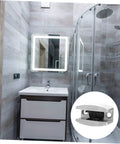 Bathroom with a shower and sink plus an inset image of a stainless steel bathroom door stopper silences drafts, reduces noise, and keeps doors secure with easy under door installation, adjustable locator, and durable, low-profile design for a quiet, comfortable home.
