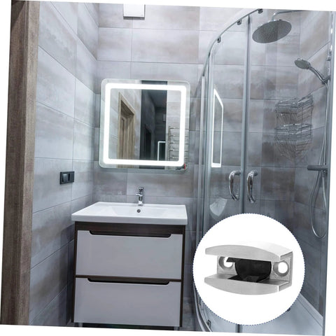 Bathroom with a shower and sink plus an inset image of a stainless steel bathroom door stopper silences drafts, reduces noise, and keeps doors secure with easy under door installation, adjustable locator, and durable, low-profile design for a quiet, comfortable home.