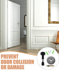 Stainless Steel No Drill Door Stopper Wall Mount Silencer Draft Blocker in modern room setting with installation kit