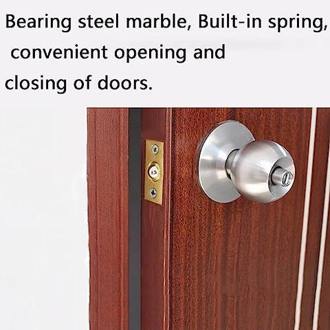 Close-up of a stainless steel door knob with spring mechanism for easy opening and closing, mounted on a wooden door.