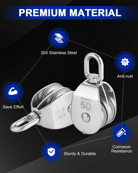 Front view of M50 Double Pulley Block Set - 304 Stainless Steel Pack of 2 with swivel hook, labeled for lifting and anti-rust features.