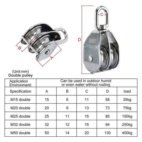 2-Pack M50 Lifting Double Pulley Block 304 Stainless Steel Crane Rotary Hook Double Pulley Loading M50 Double Pulley with dimensions chart