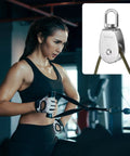 Woman exercising with equipment and inset of M32 Double Pulley Block, Stainless Steel Swivel Rigging Lifting Wheel Fixed Pulley