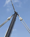 2pcs M50 Double Pulley Block in use on a crane, stainless steel swivel rigging lifting wheel, fixed pulley, towing wheel setup.
