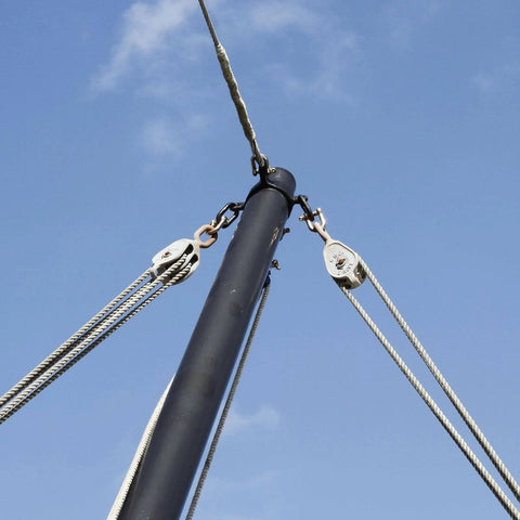 2pcs M50 Double Pulley Block in use on a crane, stainless steel swivel rigging lifting wheel, fixed pulley, towing wheel setup.