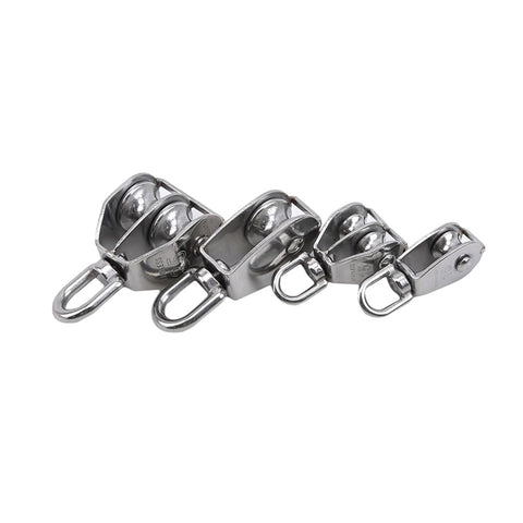 M25 Stainless Steel Pulley Single/Double Wheel Swivel Lifting Rope Pulley Set, four pulleys shown in a line on a white background