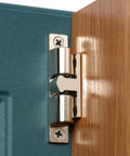 installed Stainless Steel Double Roller Catch Door Latch for Cabinets and Interior Doors with Smooth Spring Loaded Rollers on wooden surface