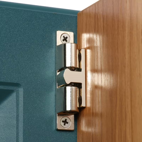 installed Stainless Steel Double Roller Catch Door Latch for Cabinets and Interior Doors with Smooth Spring Loaded Rollers on wooden surface