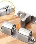 Stainless Steel Double Roller Catch Door Latch for Cabinets and Interior Doors with Smooth Spring Loaded Rollers on wooden surface