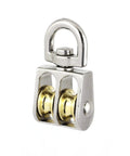 Front view of 13mm Diameter Stainless Steel Double Sheave Swivel Eye Rope Pulley with gold wheels.