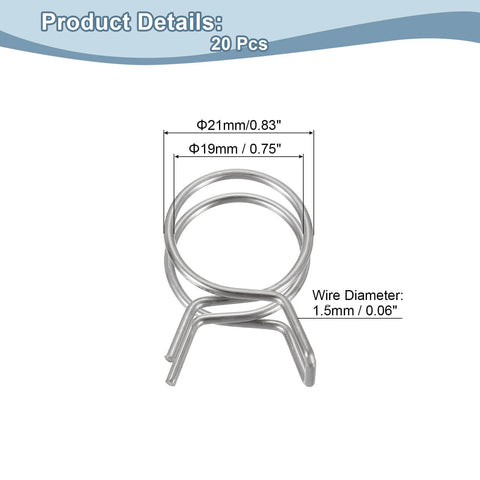 Stainless steel double wire spring hose clamps kit, 20 pieces, 19 mm inner diameter opens to 21 mm, close-up view.