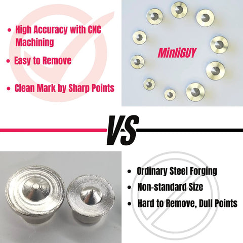Comparison of Ten Piece Stainless Steel Dowel Pin Center Tool Set for Woodworking vs ordinary steel, highlighting sharp points and easy removal.