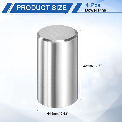 Durable 316L Stainless Steel Dowel Pins Set, 4 Pcs, 16mm Diameter By 30mm Length, Silver Tone, Cylindrical Design for Furniture