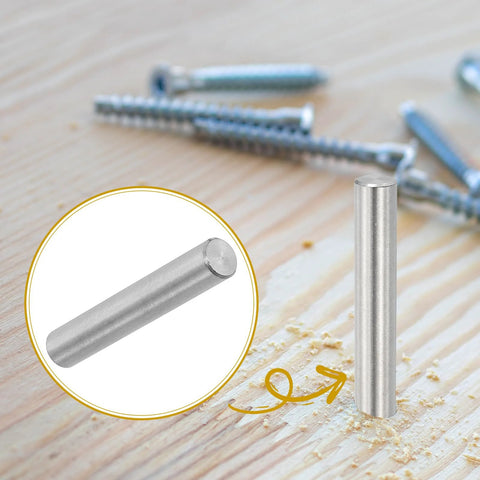 Stainless Steel Dowel Pins 8mm x 50mm Set Of 6 For Shelves And Furniture 304 Rust Resistant Pegs displayed on wood surface