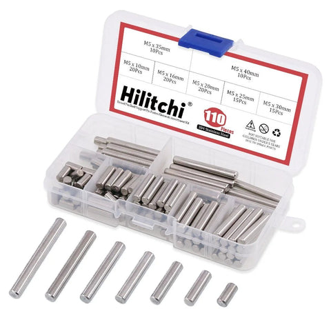 Pro Grade Stainless Steel Dowel Pin Shelf Support Kit 110 Piece Assortment displayed with clear case and various pin lengths