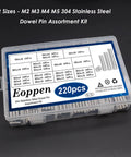 Premium 220 Pieces 304 Stainless Steel Dowel Pin Kit With 22 Sizes M2 M3 M4 M5 in clear organizer box