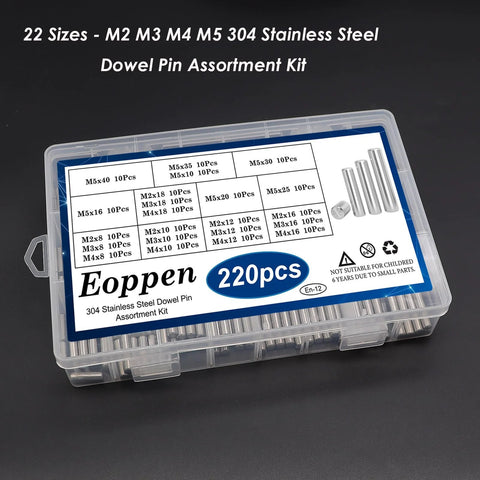 Premium 220 Pieces 304 Stainless Steel Dowel Pin Kit With 22 Sizes M2 M3 M4 M5 in clear organizer box