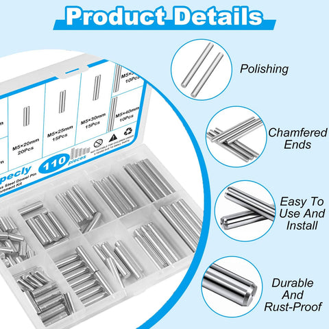 Premium 110 PC 304 Stainless Steel Dowel Pin Set with M5 Cylindrical Shelf Support Pins shown in packaging