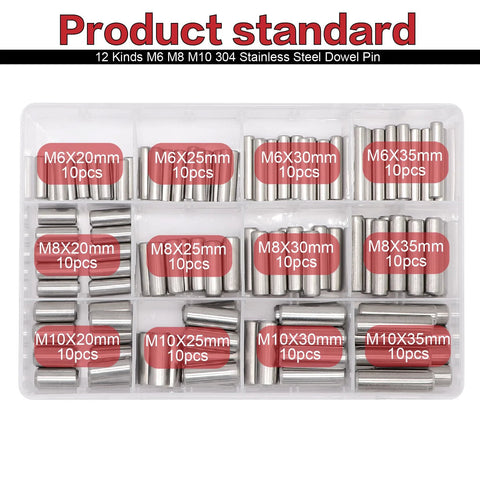 Stainless Steel Pro Grade Dowel Pin Set 120 Pcs With 12 Sizes M6 M8 M10 And 20 25 30 35mm Lengths 304 Rust Resistant