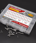 All In One 220 Piece 22 Sizes Stainless Steel Dowel Pin Set M2 M3 M4 M5 in transparent storage box with label.