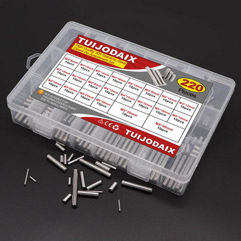 All In One 220 Piece 22 Sizes Stainless Steel Dowel Pin Set M2 M3 M4 M5 in transparent storage box with label.