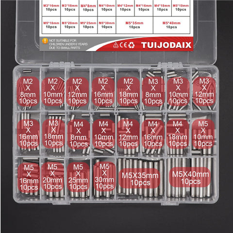 All In One 220 Piece 22 Sizes Stainless Steel Dowel Pin Set M2 M3 M4 M5 304 Pins for Shelves displayed in a storage box