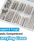 Premium 110 PC 304 Stainless Steel Dowel Pin Set in plastic case with M5 cylindrical shelf support pins, various sizes visible