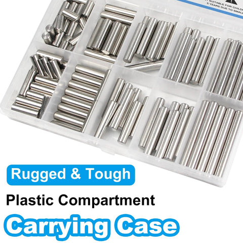 Premium 110 PC 304 Stainless Steel Dowel Pin Set in plastic case with M5 cylindrical shelf support pins, various sizes visible
