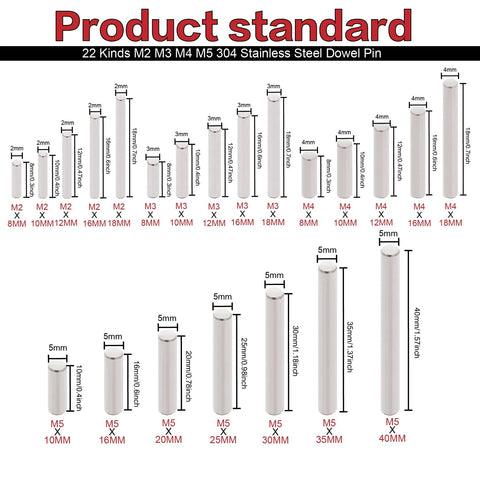 All In One 220 Piece 22 Sizes Stainless Steel Dowel Pin Set M2 M3 M4 M5 304 Pins size chart for shelves and fasteners