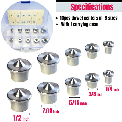 Ten Piece Stainless Steel Dowel Pin Center Tool Set For Woodworking With Sharp Points, Precise Hole Transfer Plugs, And Easy Removal