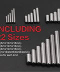 All In One 220 Piece 22 Sizes Stainless Steel Dowel Pin Set M2 M3 M4 M5 sizes shown in a grid layout with measurements listed
