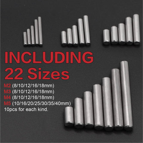 All In One 220 Piece 22 Sizes Stainless Steel Dowel Pin Set M2 M3 M4 M5 sizes shown in a grid layout with measurements listed