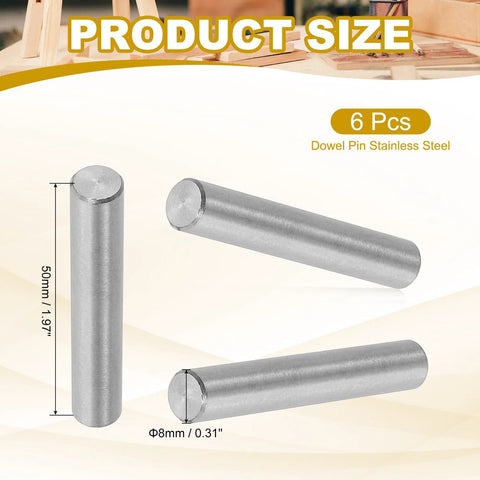 Stainless Steel Dowel Pins 8mm x 50mm Set Of 6 For Shelves And Furniture 304 Rust Resistant Pegs with product size details