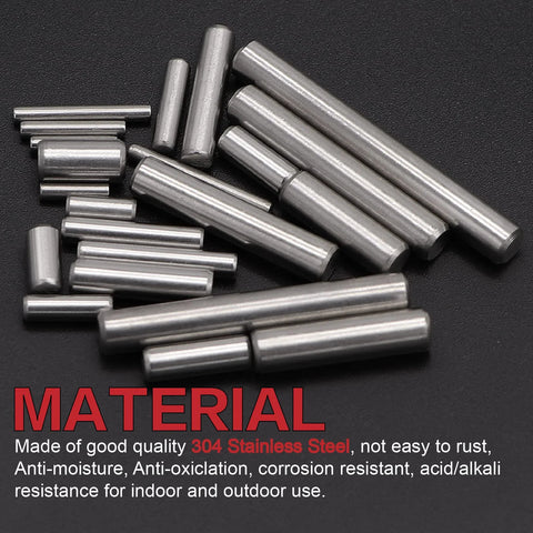 Assorted 304 stainless steel dowel pins from All In One 220 Piece 22 Sizes Stainless Steel Dowel Pin Set M2 M3 M4 M5 for shelves and fasteners.