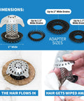 Ultra Revolutionary Stainless Steel Bath Tub Drain Protector And Hair Catcher With Strainer showing dimensions and adapters
