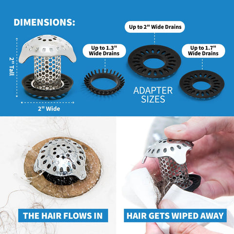 Ultra Revolutionary Stainless Steel Bath Tub Drain Protector And Hair Catcher With Strainer showing dimensions and adapters
