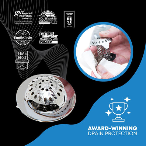 Ultra Revolutionary Stainless Steel Bath Tub Drain Protector And Hair Catcher with Strainer showcasing award-winning design.