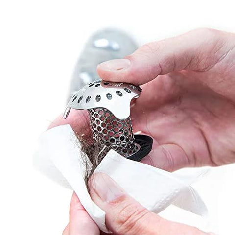 Hands cleaning Ultra Revolutionary Stainless Steel Bath Tub Drain Protector and Hair Catcher with strainer for universal drains.