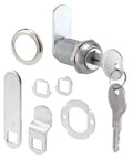 Secure drawers and cabinet doors with this durable diecast stainless steel lock designed for 1 1/8 inch applications and panels up to 13/16 inch thick, showing lock components and keys.