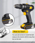 Durable 304 Stainless Steel Belt Clip Set Includes Four Replacement Hooks With Screws For Ryobi And Ridgid 18V Tools Enabling Secure Belt Wall Or Shelf Mounting For Quick Hands Free Access To Drills And Accessories shown on a drill.