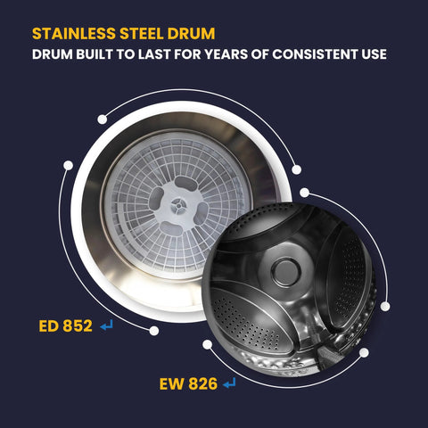 Close-up of stainless steel drums in the compact, stackable washer and vented dryer set for 15 lb washing and 3.5 cu ft drying.