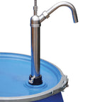 Vestil LDP-SS-316 Bung Stainless Steel Hand Drum Pump 2 In. Silver installed in blue drum