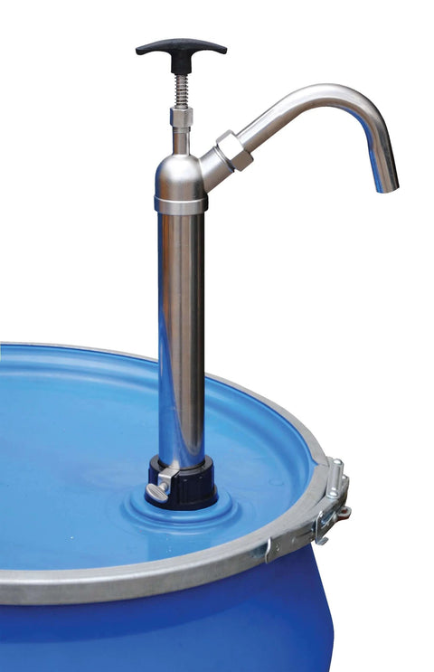 Vestil LDP-SS-316 Bung Stainless Steel Hand Drum Pump 2 In. Silver installed in blue drum