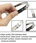 Adjustable 304 stainless steel duct clamps set for 4 inch hoses shown with close-up details and rustproof properties.