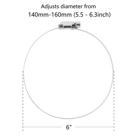 Stainless Steel 6 Inch Duct Hose Clamp Adjustable Diameter 140 To 160mm Worm Drive Clamp shown in front view