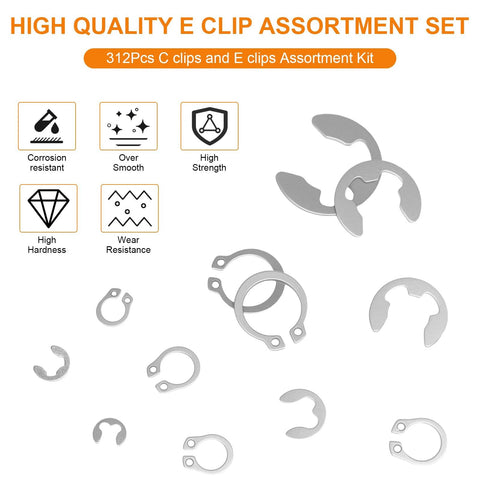 High quality 312 piece retaining ring kit with E clips and external C clips in 304 stainless steel for mechanical projects.