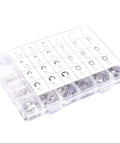 Clear plastic organizer holding stainless steel E-clip and C-clip retaining rings in 1.2–10 mm sizes; 327-piece set.
