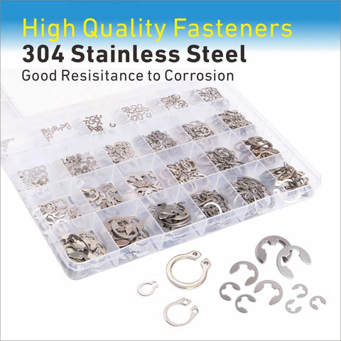 Front view of a clear 24-compartment organizer with stainless steel E-clips and C-clips retaining rings.